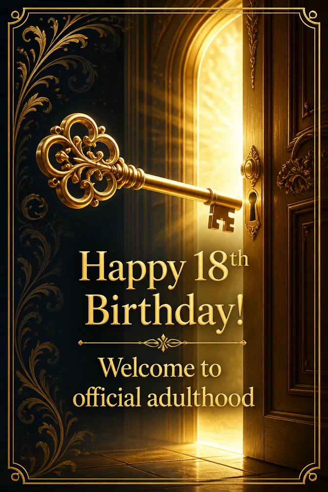 AI 18th birthday cards example: Happy 18th Birthday! Welcome to official adulthood