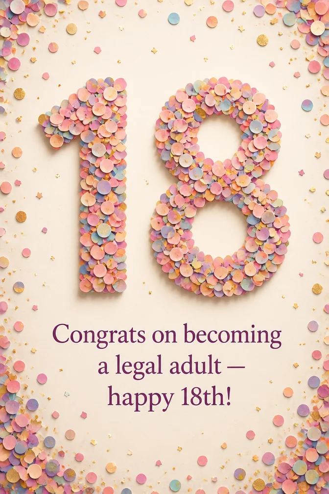 AI 18th birthday cards example: Congrats on becoming a legal adult — happy 18th!