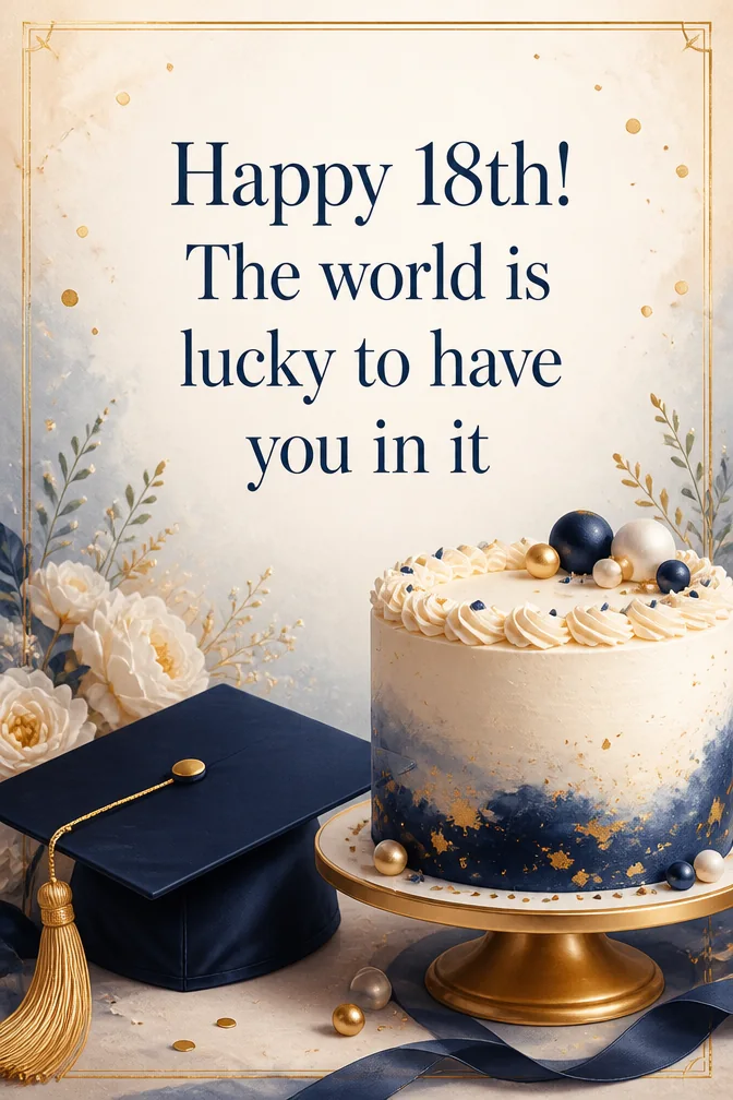 AI 18th birthday cards example: Happy 18th! The world is lucky to have you in it
