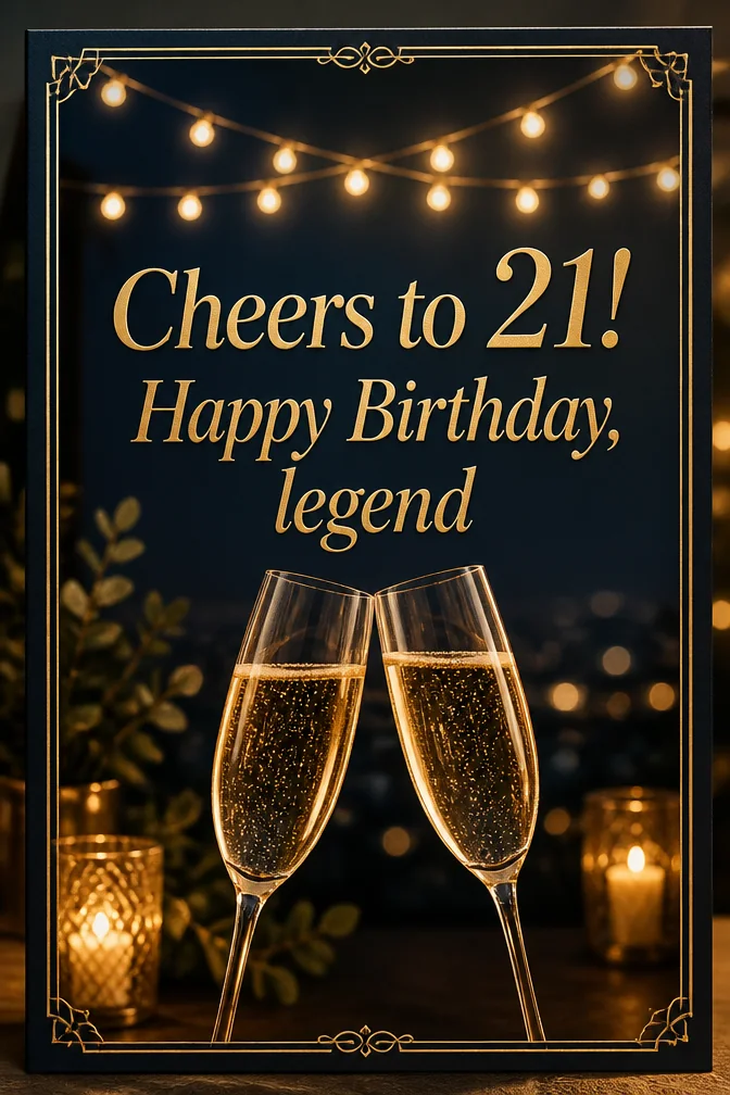 AI 21st birthday cards example: Cheers to 21! Happy Birthday, legend