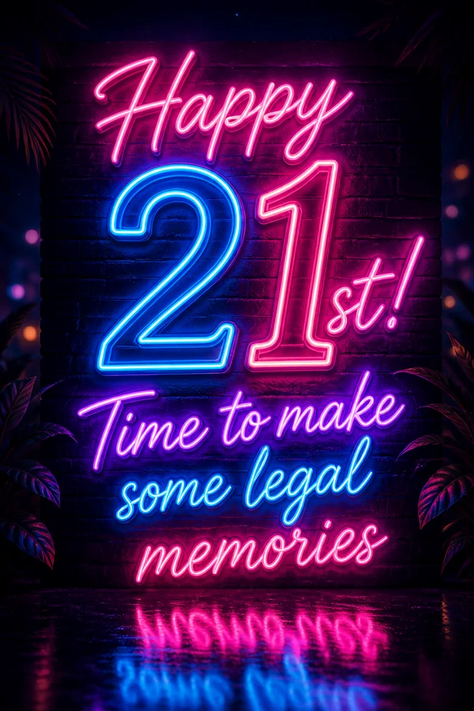 AI 21st birthday cards example: Happy 21st! Time to make some legal memories