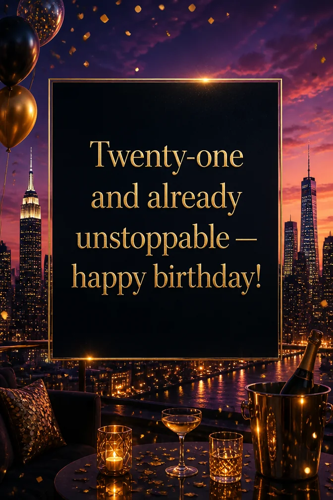 AI 21st birthday cards example: Twenty-one and already unstoppable — happy birthday!