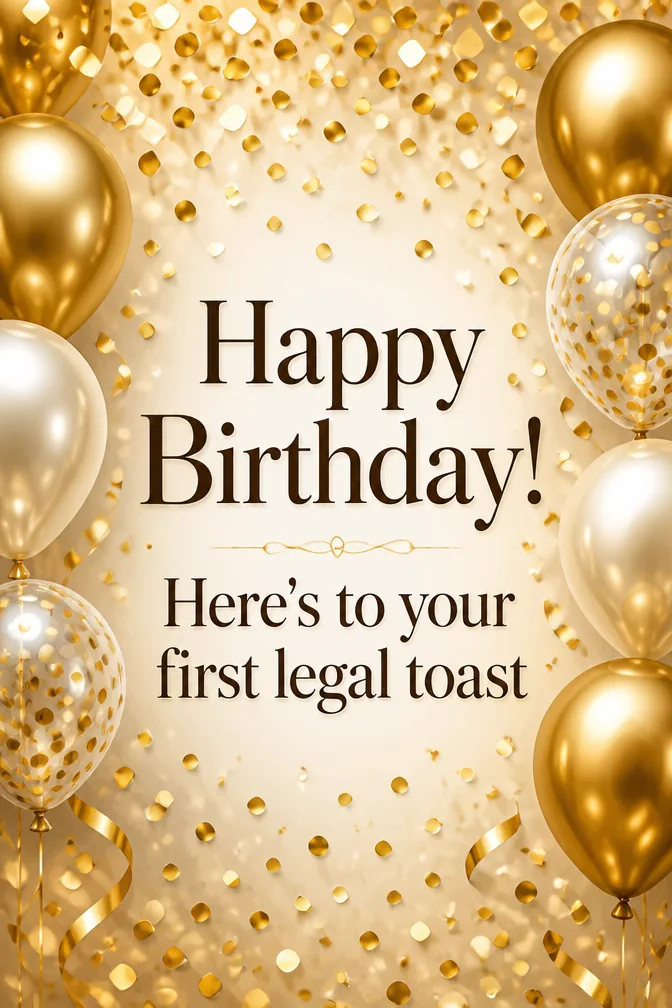 AI 21st birthday cards example: Happy Birthday! Here's to your first legal toast