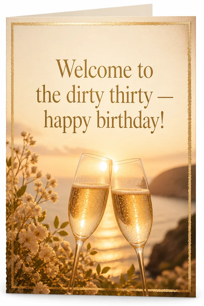 AI 30th birthday cards example: Welcome to the dirty thirty — happy birthday!