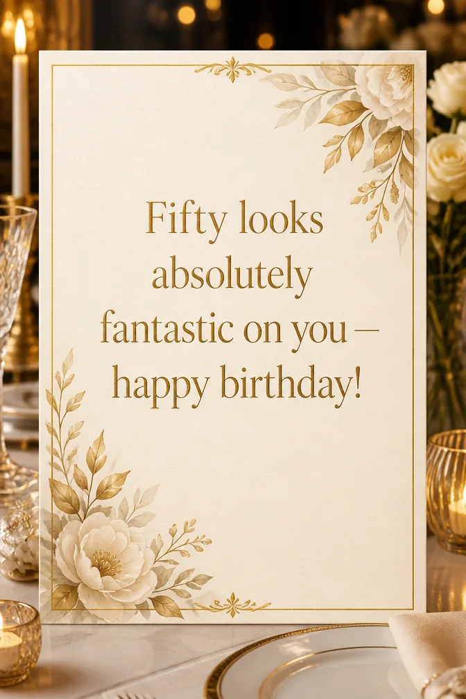 AI 50th birthday cards example: Fifty looks absolutely fantastic on you — happy birthday!