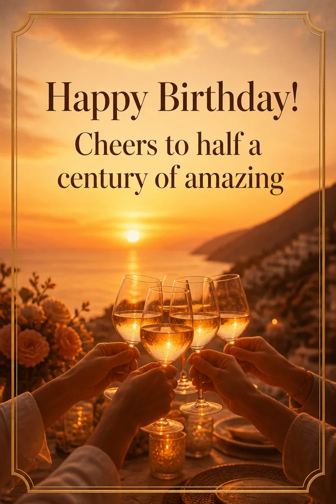 AI 50th birthday cards example: Happy Birthday! Cheers to half a century of amazing
