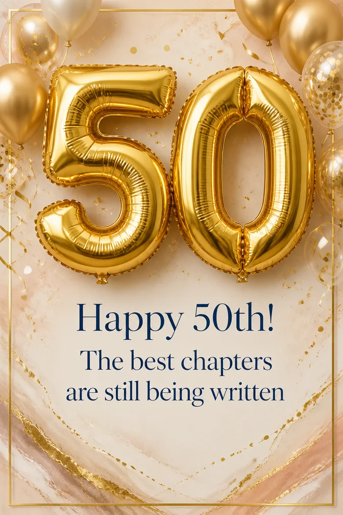 AI 50th birthday cards example: Happy 50th! The best chapters are still being written