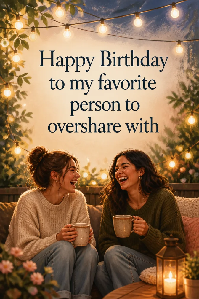 AI birthday cards for best friend example: Happy Birthday to my favorite person to overshare with
