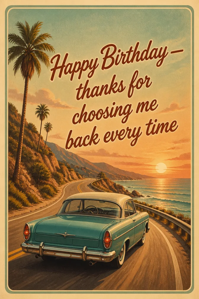 AI birthday cards for best friend example: Happy Birthday — thanks for choosing me back every time