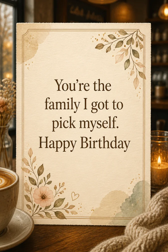 AI birthday cards for best friend example: You're the family I got to pick myself. Happy Birthday