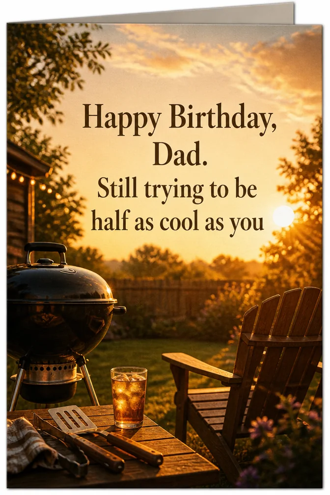 AI birthday cards for dad example: Happy Birthday, Dad. Still trying to be half as cool as you