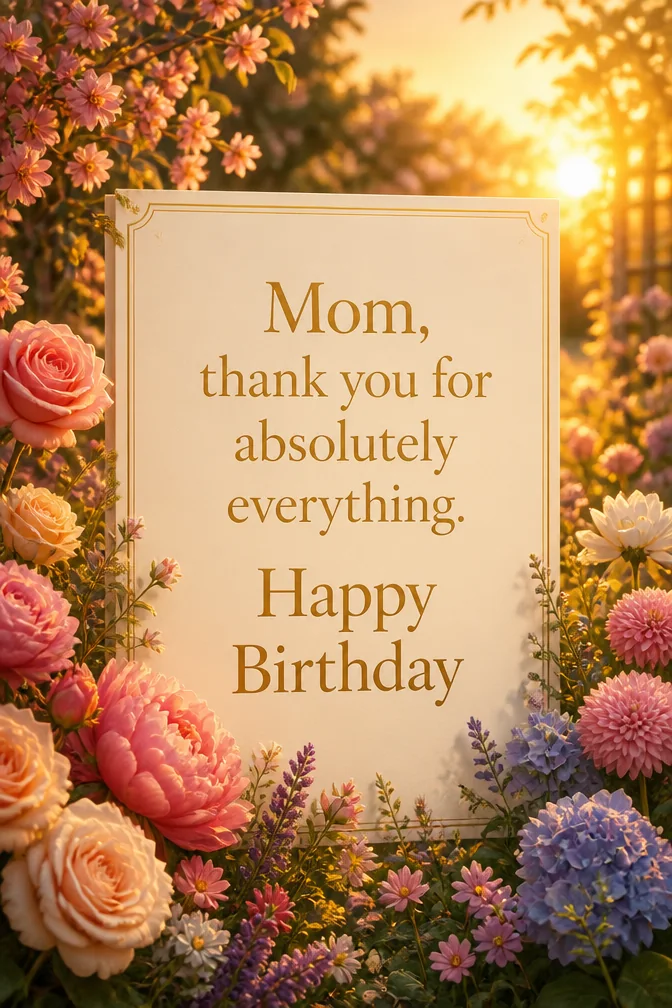 AI birthday cards for mom example: Mom, thank you for absolutely everything. Happy Birthday