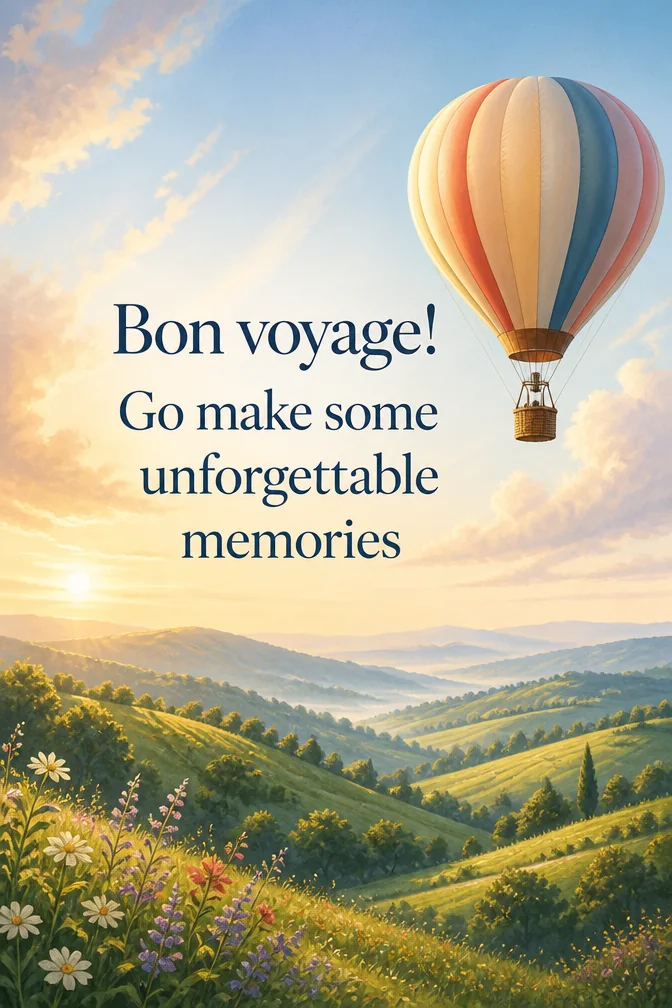 AI bon voyage cards example: Bon voyage! Go make some unforgettable memories