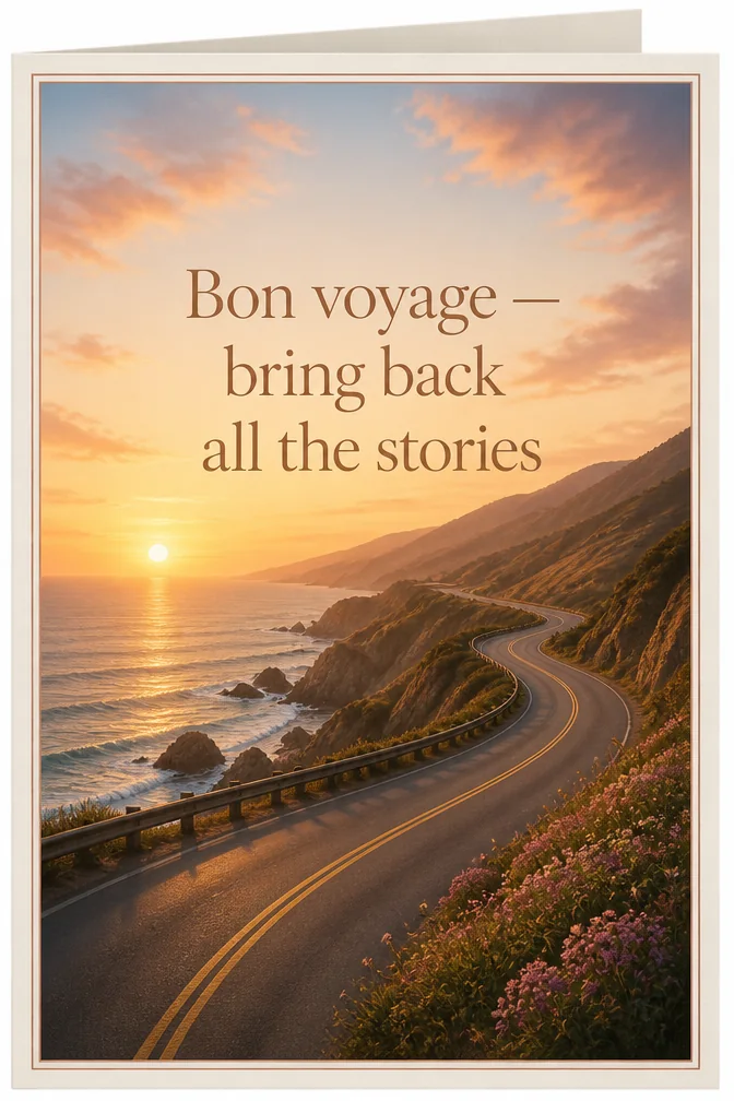 AI bon voyage cards example: Bon voyage — bring back all the stories