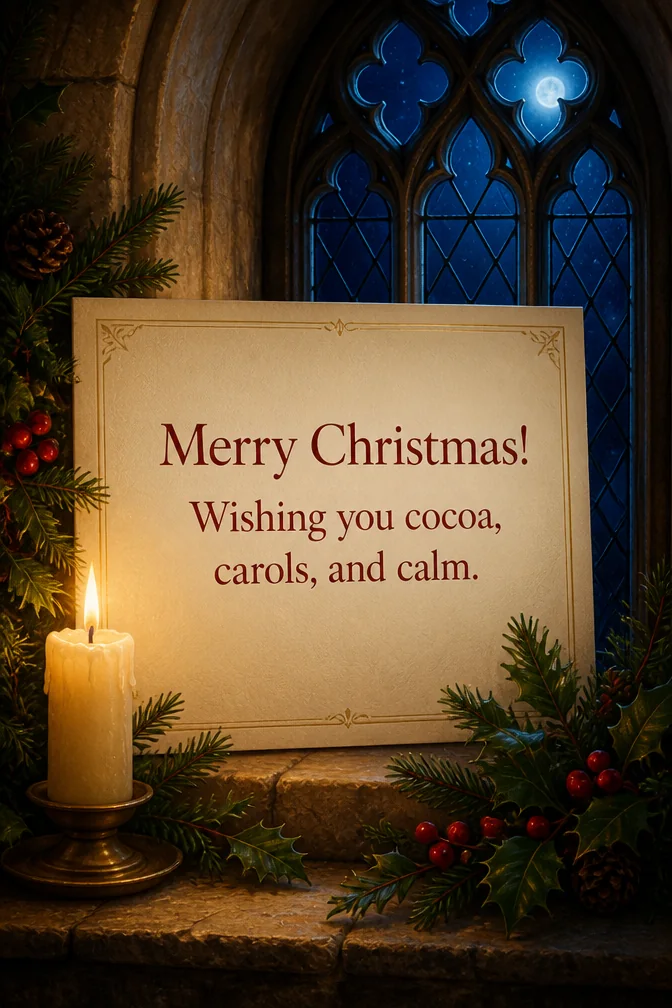 AI christmas cards example: Merry Christmas! Wishing you cocoa, carols, and calm.