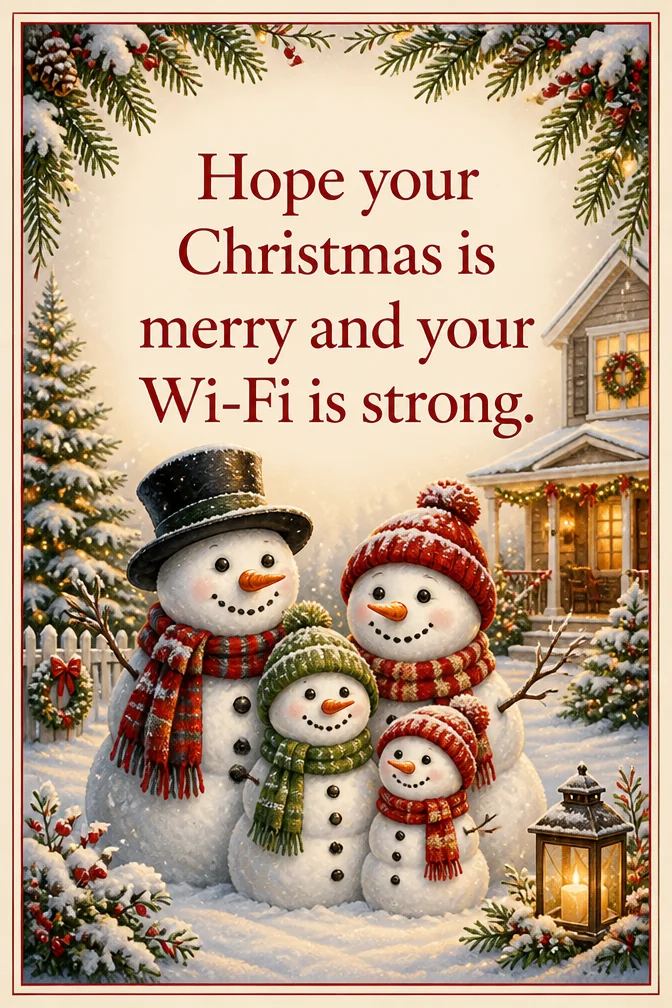AI christmas cards example: Hope your Christmas is merry and your Wi-Fi is strong.