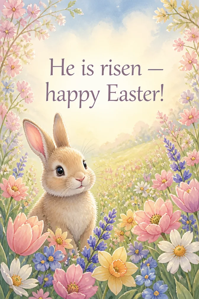 AI easter cards example: He is risen — happy Easter!
