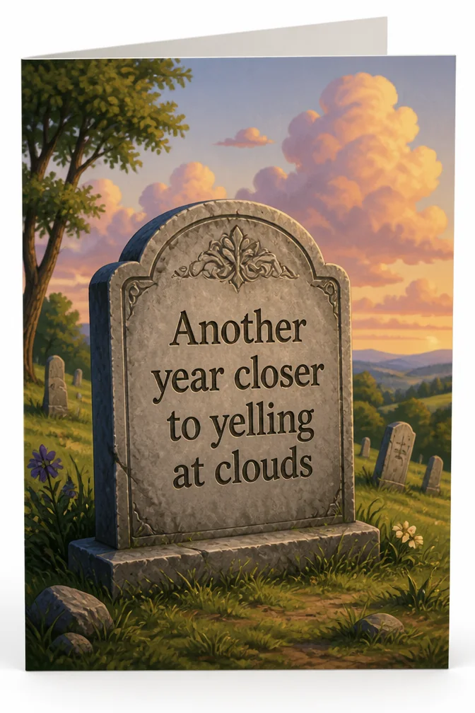 AI funny birthday cards example: Another year closer to yelling at clouds