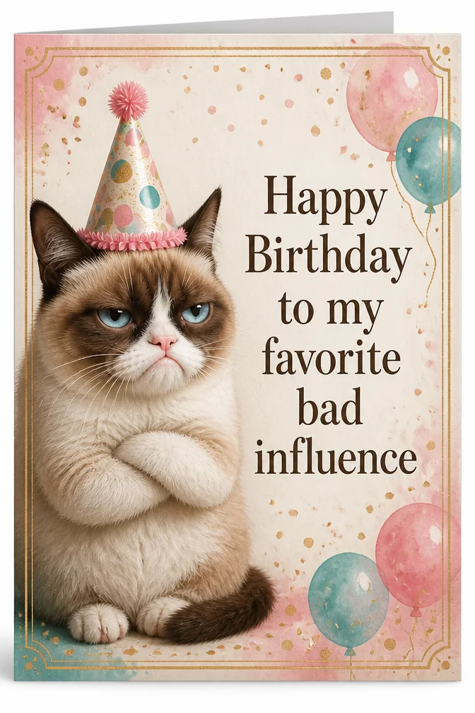 AI funny birthday cards example: Happy Birthday to my favorite bad influence