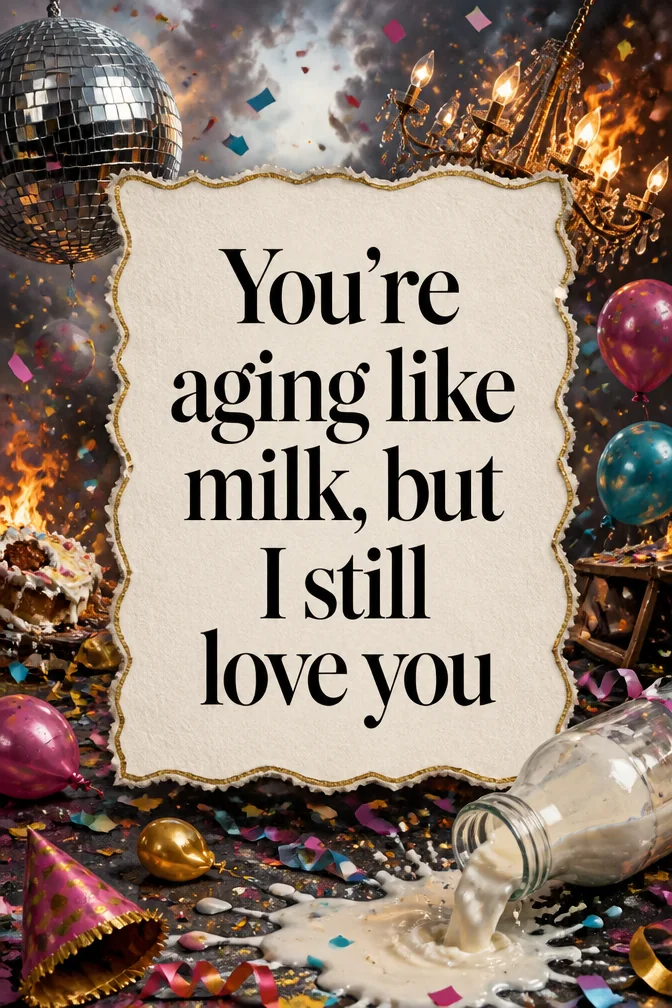 AI funny birthday cards example: You're aging like milk, but I still love you