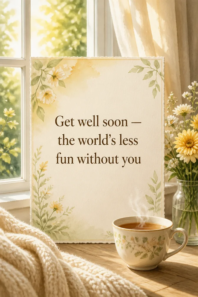AI get well soon cards example: Get well soon — the world's less fun without you
