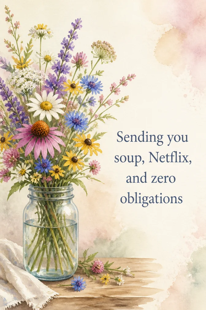 AI get well soon cards example: Sending you soup, Netflix, and zero obligations