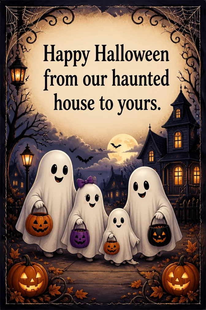 AI halloween cards example: Happy Halloween from our haunted house to yours.
