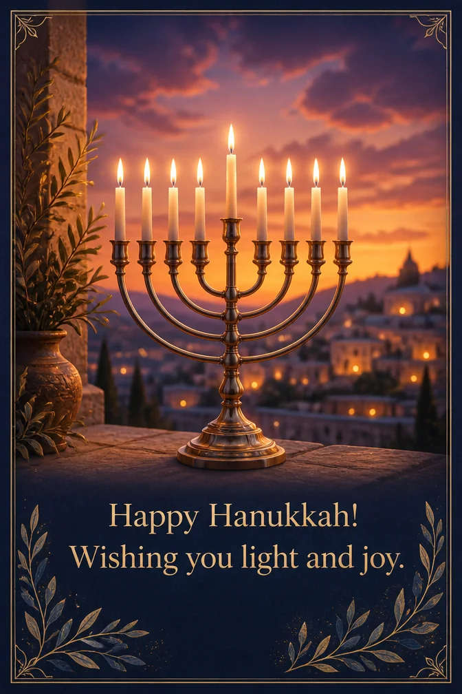 AI hanukkah cards example: Happy Hanukkah! Wishing you light and joy.