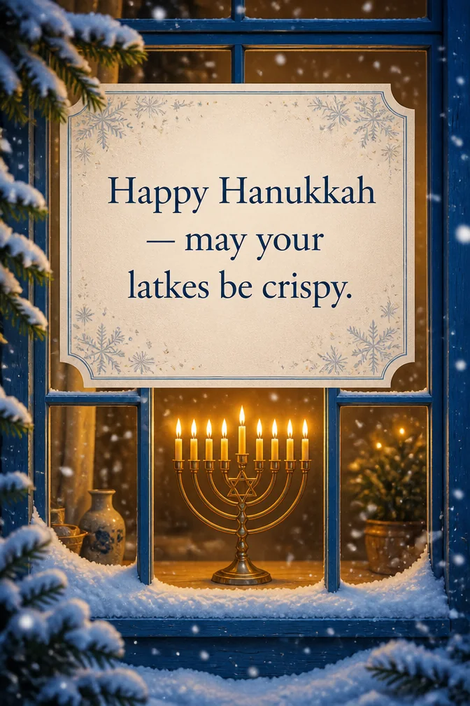 AI hanukkah cards example: Happy Hanukkah — may your latkes be crispy.