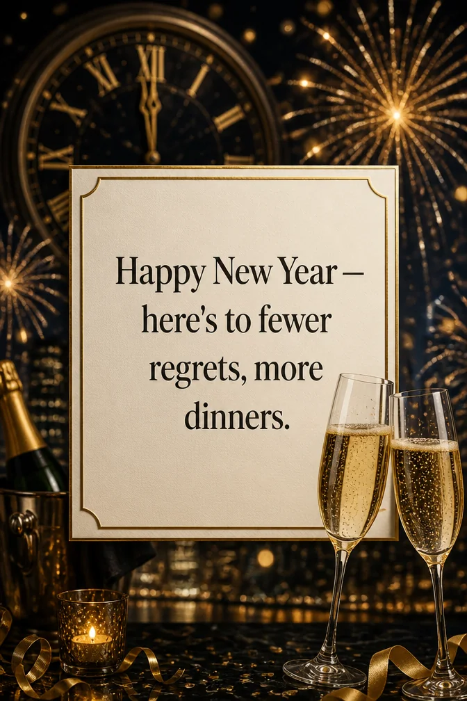 AI new year cards example: Happy New Year — here's to fewer regrets, more dinners.