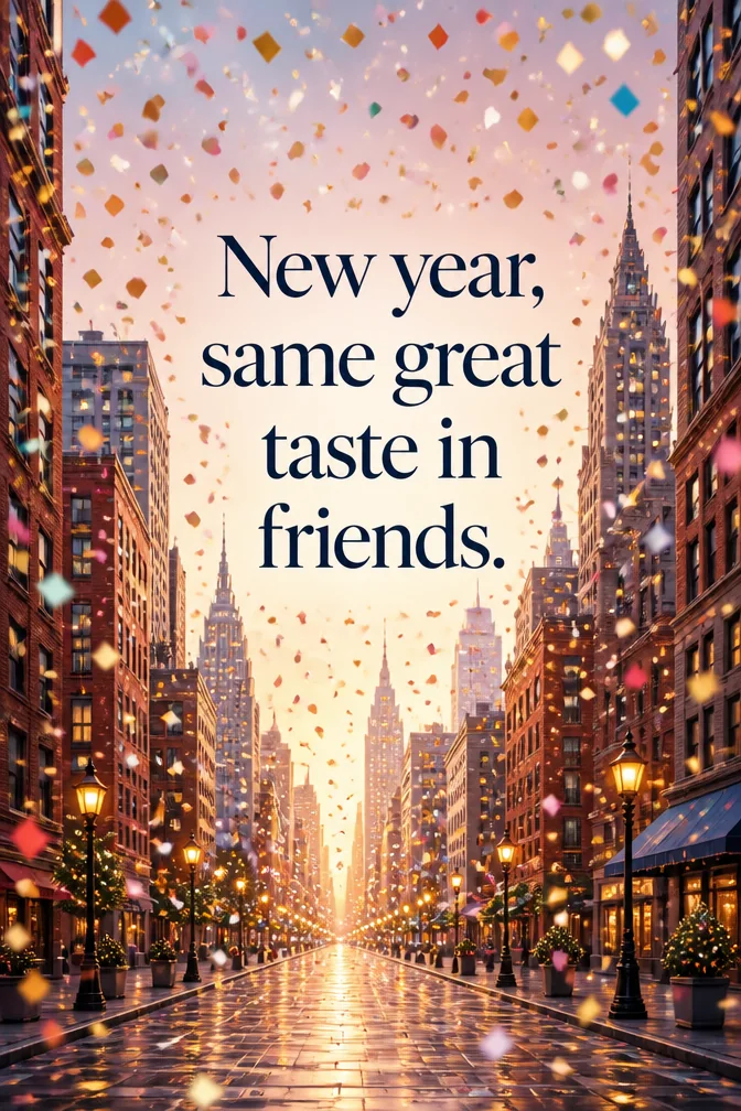 AI new year cards example: New year, same great taste in friends.