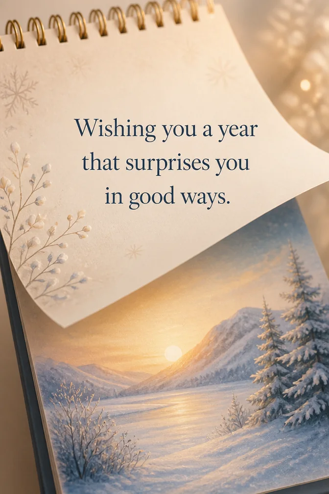 AI new year cards example: Wishing you a year that surprises you in good ways.