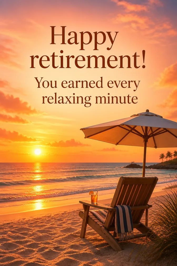 AI retirement cards example: Happy retirement! You earned every relaxing minute