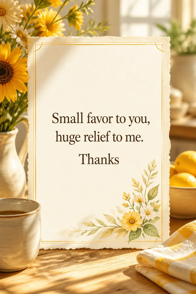 AI thank you cards example: Small favor to you, huge relief to me. Thanks