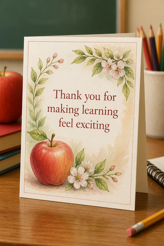 AI thank you cards for teachers example: Thank you for making learning feel exciting
