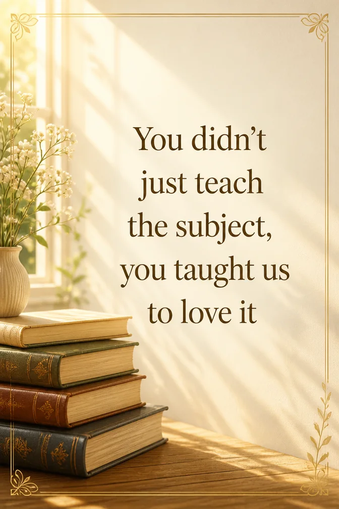 AI thank you cards for teachers example: You didn't just teach the subject, you taught us to love it