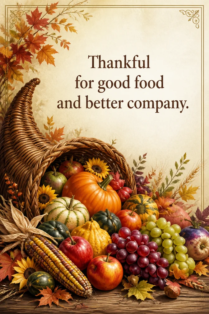 AI thanksgiving cards example: Thankful for good food and better company.