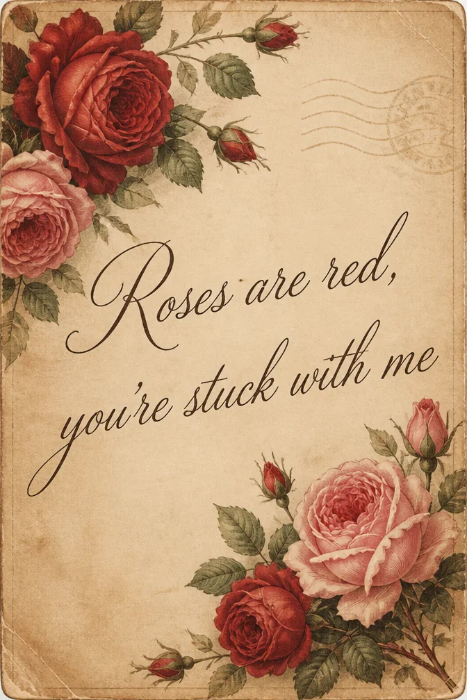AI valentine's day cards example: Roses are red, you're stuck with me